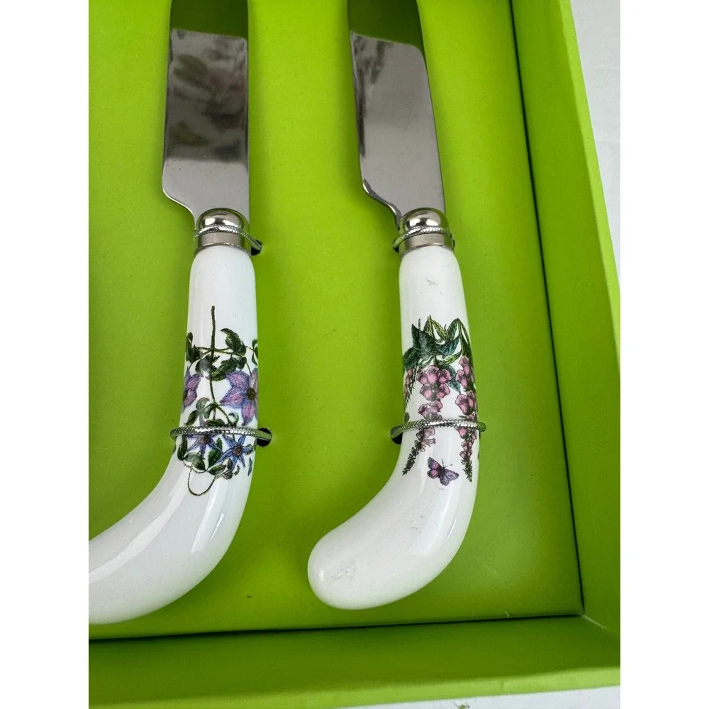 Portmeirion Botanic Garden Cheese Knife 6 Spreaders Set Floral Ceramic Handle